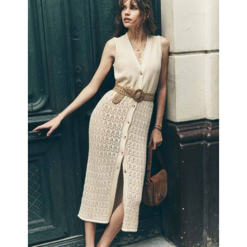 Boden Warm Ivory Cotton Sleeveless Longline Cardigan Knit Dress Size M NWT